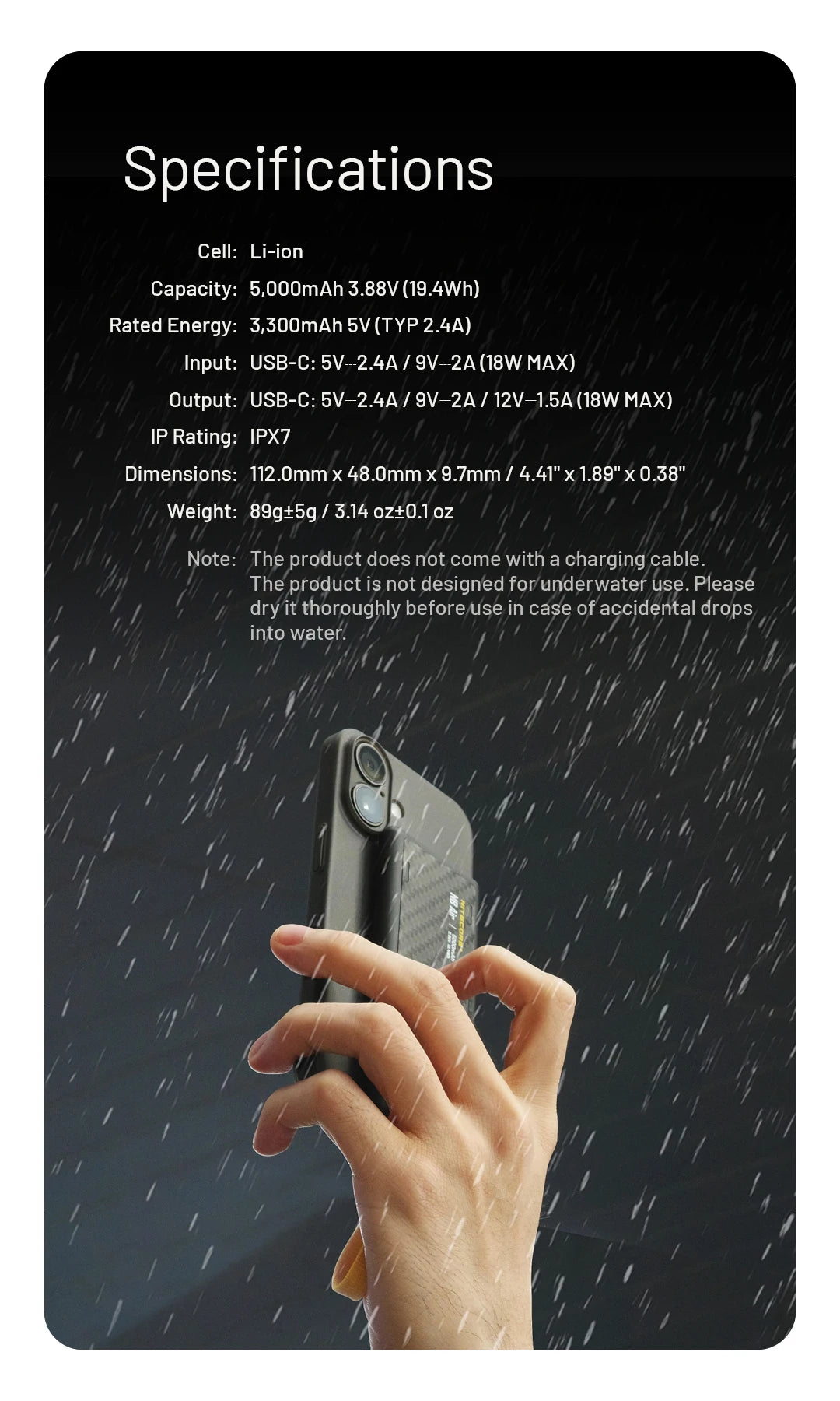 NITECORE NB Air 5000mAh Power Bank – IPX7 Waterproof, 18W USB-C Fast Charge, PD QC3.0 for Smartphones