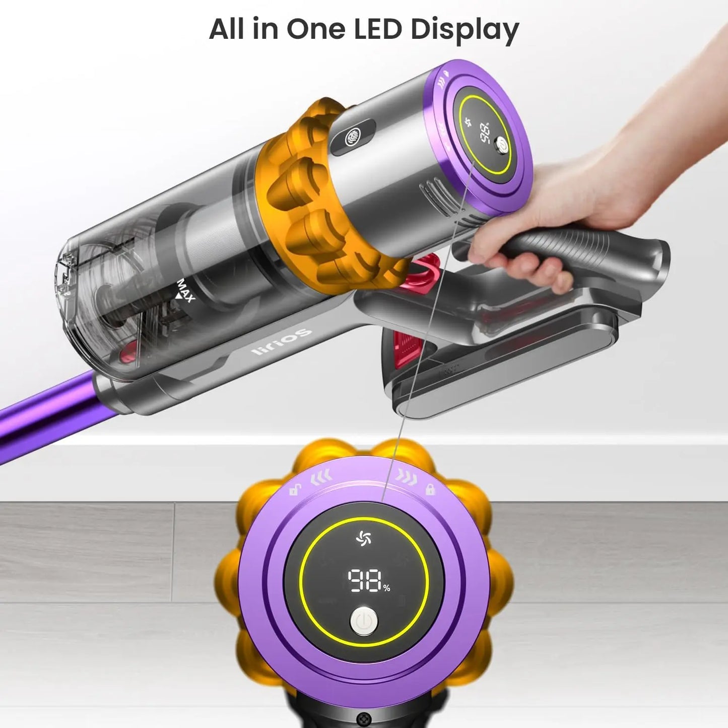 550W Cordless Vacuum Cleaner - 45KPa Suction, 65 Min Runtime, Low Noise, LED Screen, Wall Mount Charging for Home
