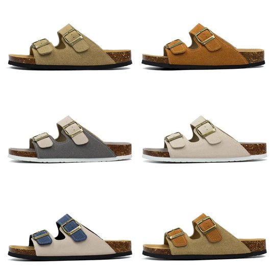 Multicolor Casual Cork Slippers - Couples Beach Slides Nubuck Leather Sandals for Men Women Outdoor Walking Shoes