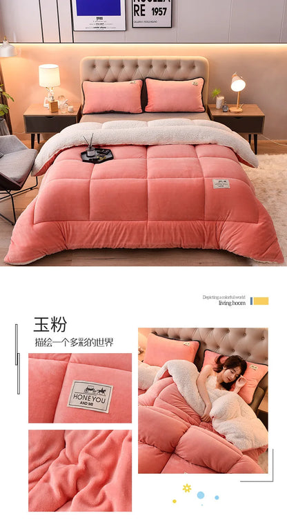 Plush Winter Lamb Velvet Quilt – Thickened Cotton, Double-Sided Warm Lamb Wool Blanket for Single & Double Beds
