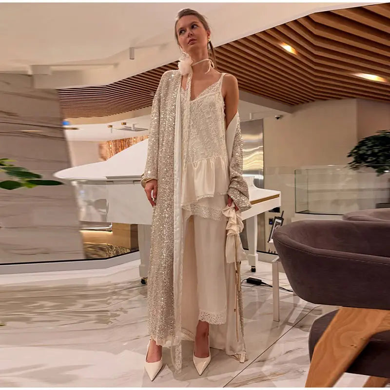 Women’s Sparkly Sequin Maxi Coat – Luxury Open Front Long Sleeve Outerwear