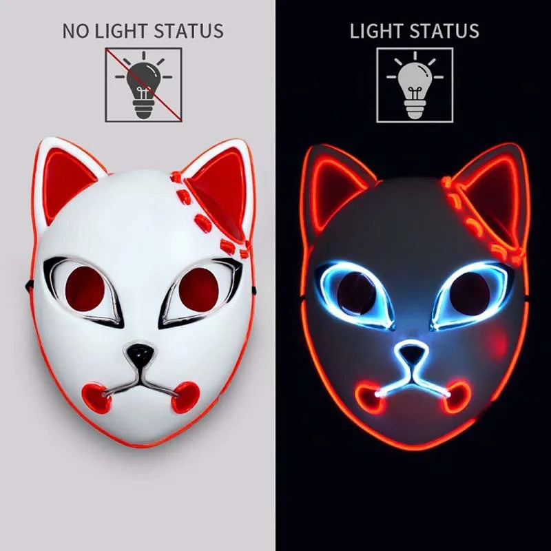 Demon Slayer LED Light-Up Mask – Glowing Anime Cat & Fox Face Cosplay Mask for Halloween, Parties & Costumes