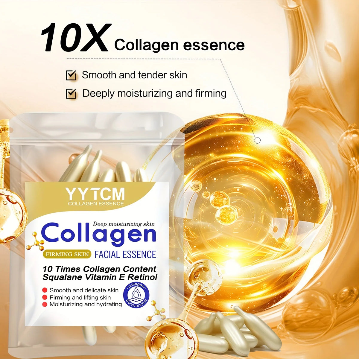 Collagen Firming Capsule Serum 30 Capsules - Hydrating Facial Serum with Plant-Based Squalane, Retinol & Vitamin E
