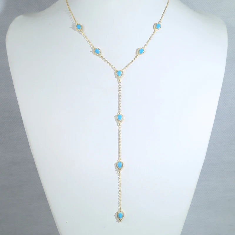 2023 Gold Plated Y Lariat Necklace - Colorful CZ Teardrop Pendant Geometric Jewelry for Women