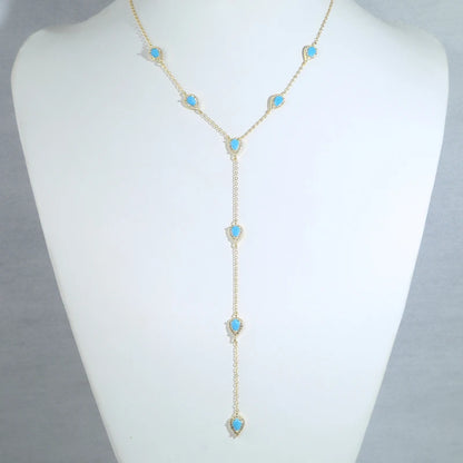 2023 Gold Plated Y Lariat Necklace - Colorful CZ Teardrop Pendant Geometric Jewelry for Women
