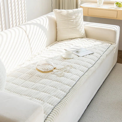 Thick Quilted Stripe Flannel Sofa Pad – Warm Multiuse Winter Sofa Cover, Towel & Slipcover for Living Room