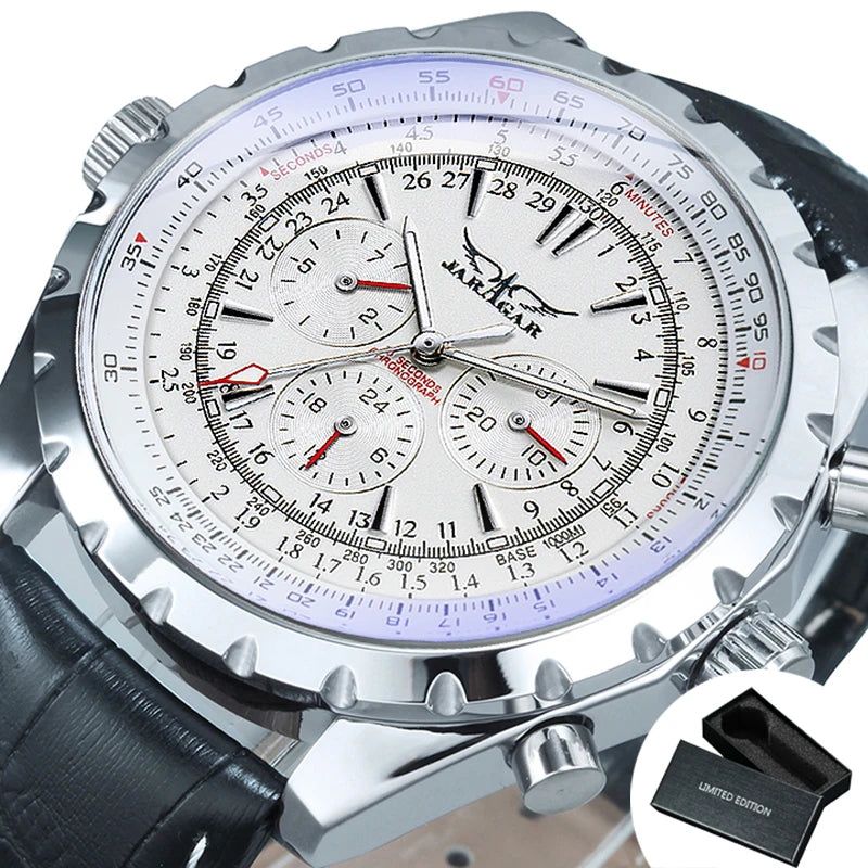 JARAGAR Pilot Mechanical Watch for Men – Multifunctional Small Dials, Leather & Steel Strap, Sports Military Automatic Watch