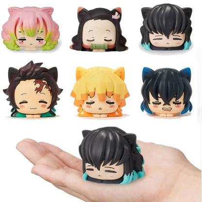 6PCS Demon Slayer Mini Figures — Nezuko, Tanjirou, Zenitsu & Inosuke PVC Kawaii Cat Ear Sleep Model Toys