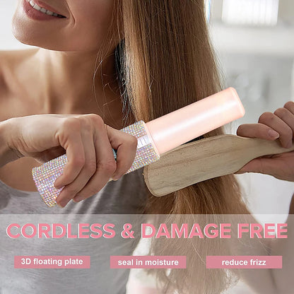 2-in-1 Wireless Hair Straightener & Curler – USB Rechargeable Diamond Design Styling Brush for Travel & Home