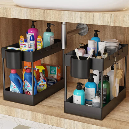 2-Tier Under Sink Sliding Cabinet Organizer — Basket Storage Rack with Hooks for Bathroom & Kitchen
