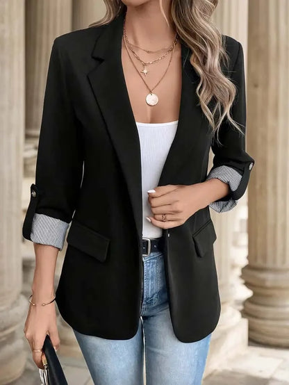 2025 Stylish Women's Casual Button-Up Suit Jacket – Slim Fit, Seven-Quarter Rolled Sleeves