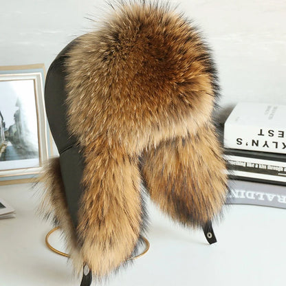 Natural Raccoon & Fox Fur Russian Ushanka Hat – Women’s Black Winter Bomber Cap with Ear Flaps