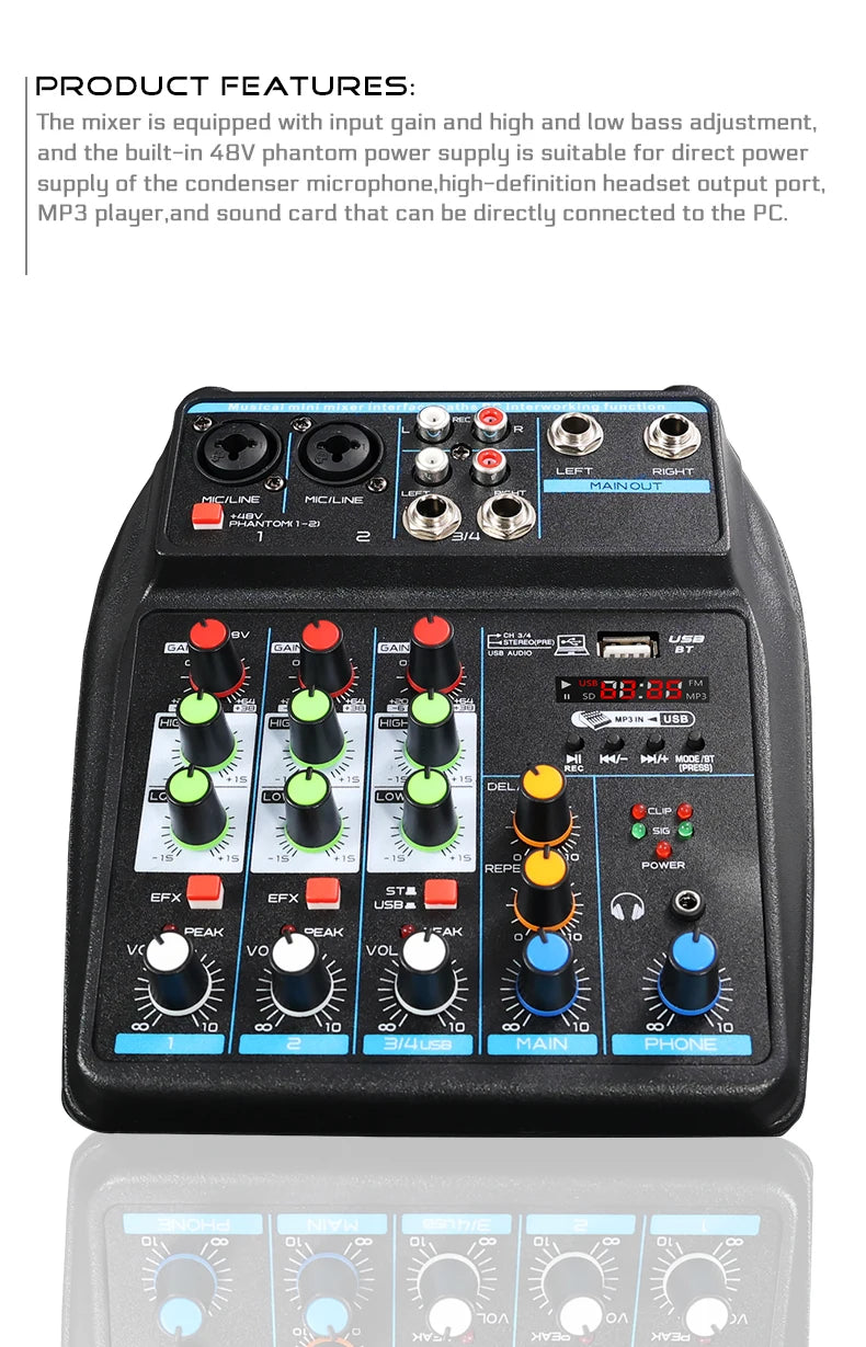 4 Channel DJ Mixer Console – Bluetooth, 48V Phantom Power, USB Audio Interface for Monitor & Karaoke System
