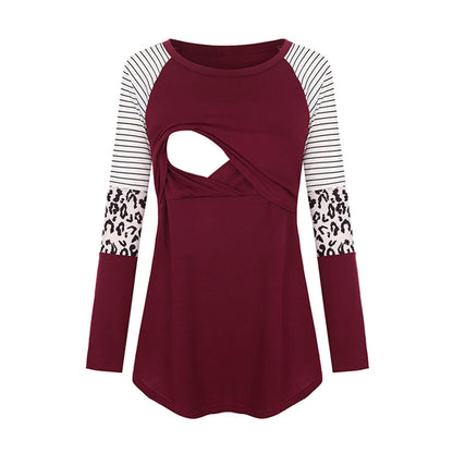 Women’s Maternity Nursing Top – Long Sleeve Patchwork Color Blouse for Breastfeeding
