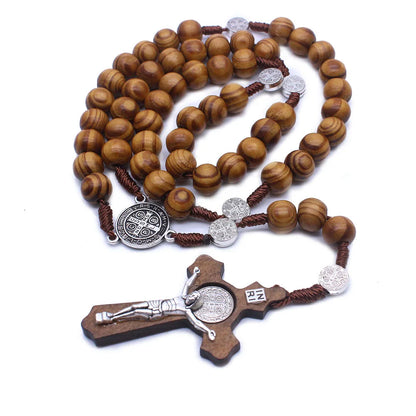Wooden Antique Cross Rosary Necklace – Saint Benedict Jesus Beaded Handmade Pendant Jewelry for Men & Women Religious Gift Accessories