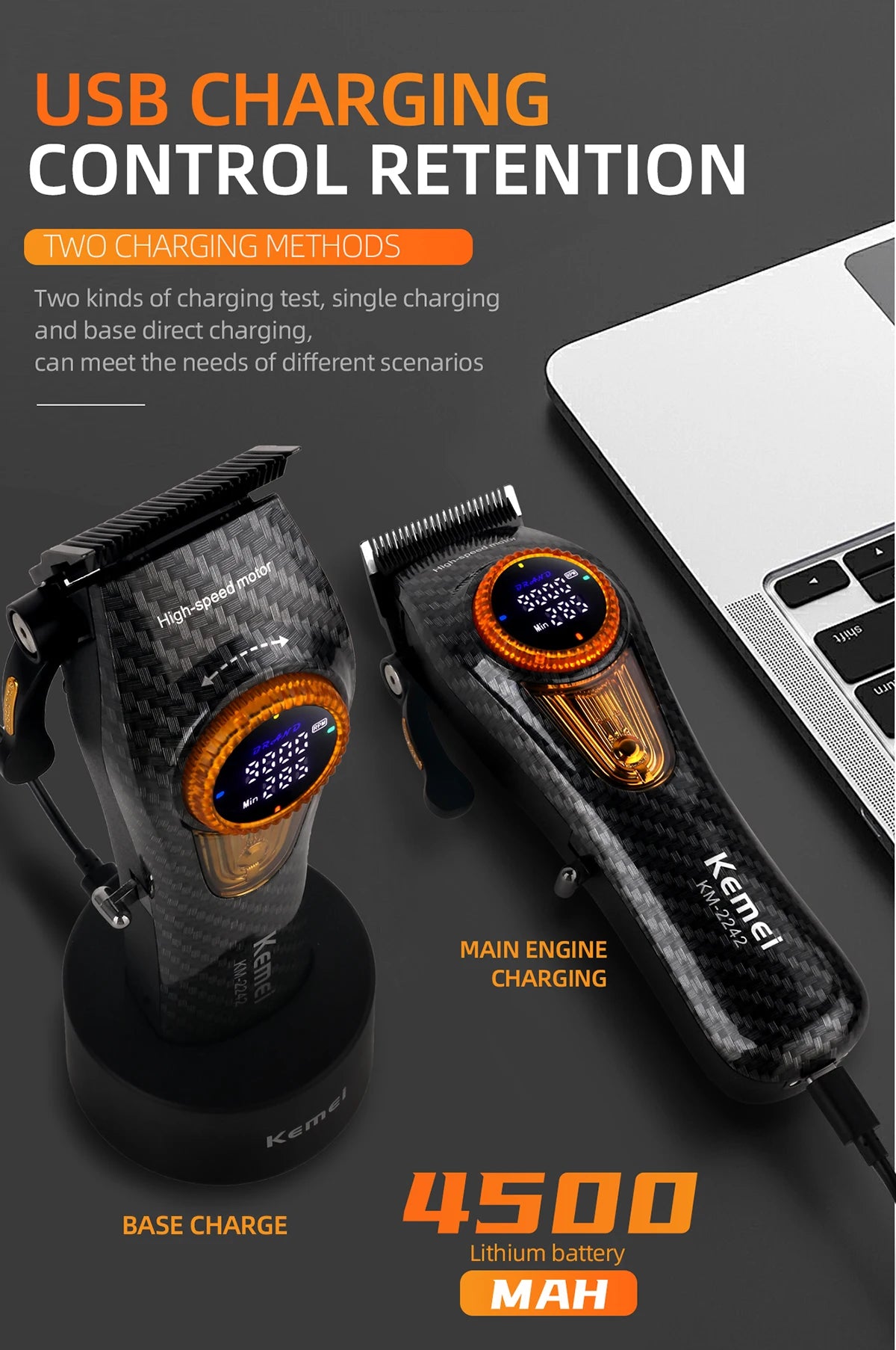 Kemei Professional Hair Clipper – 9000 RPM Electric Hair Cutting Machine, Adjustable Cordless Trimmer with Base for Barbers
