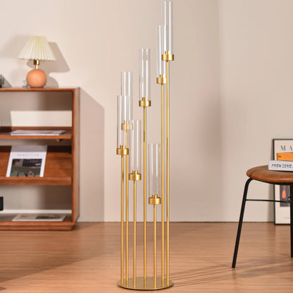 4 Sets 7-Arm Floor Candelabra – 48" Gold Metal Candlestick Holders with Removable Acrylic Lampshades, Wedding Centerpiece Decor
