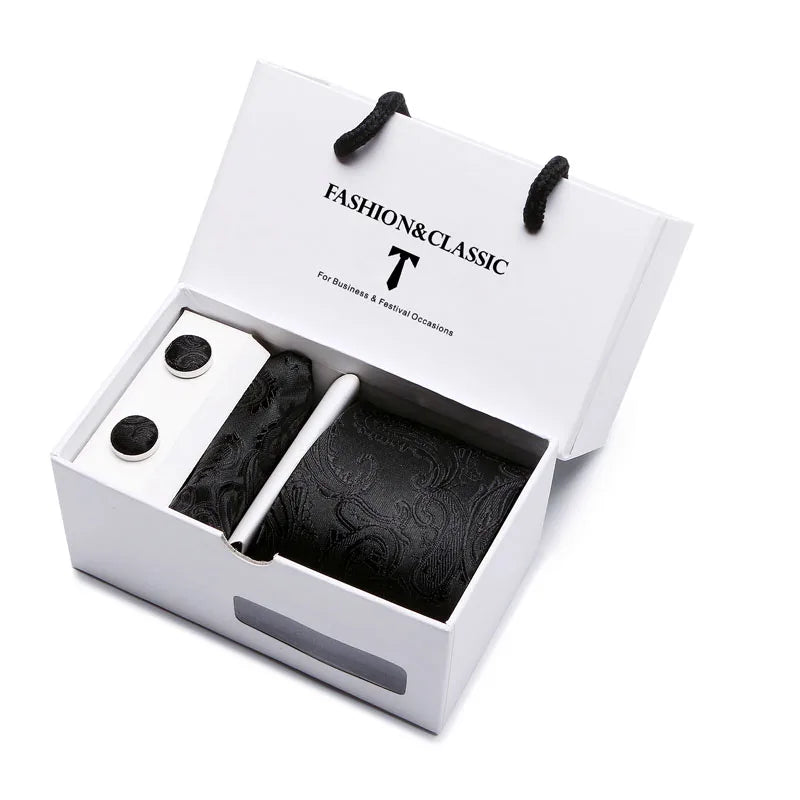 Black Paisley Tie Set - Men's Necktie, Pocket Square & Cufflinks Gift Box for Weddings & Formal Wear