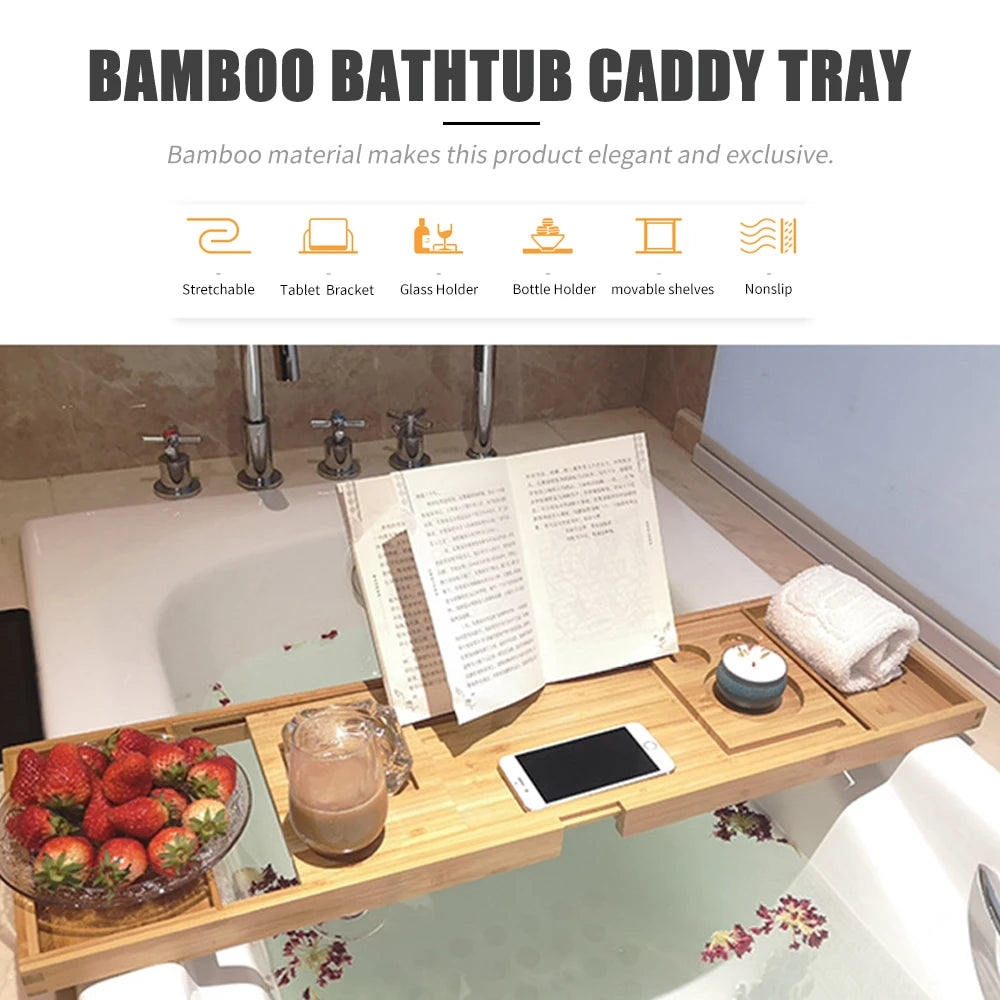 Bamboo Bathtub Caddy Tray – Spa Organizer with Book, Wine & Tablet Holder, Non-Slip & Extendable Sides