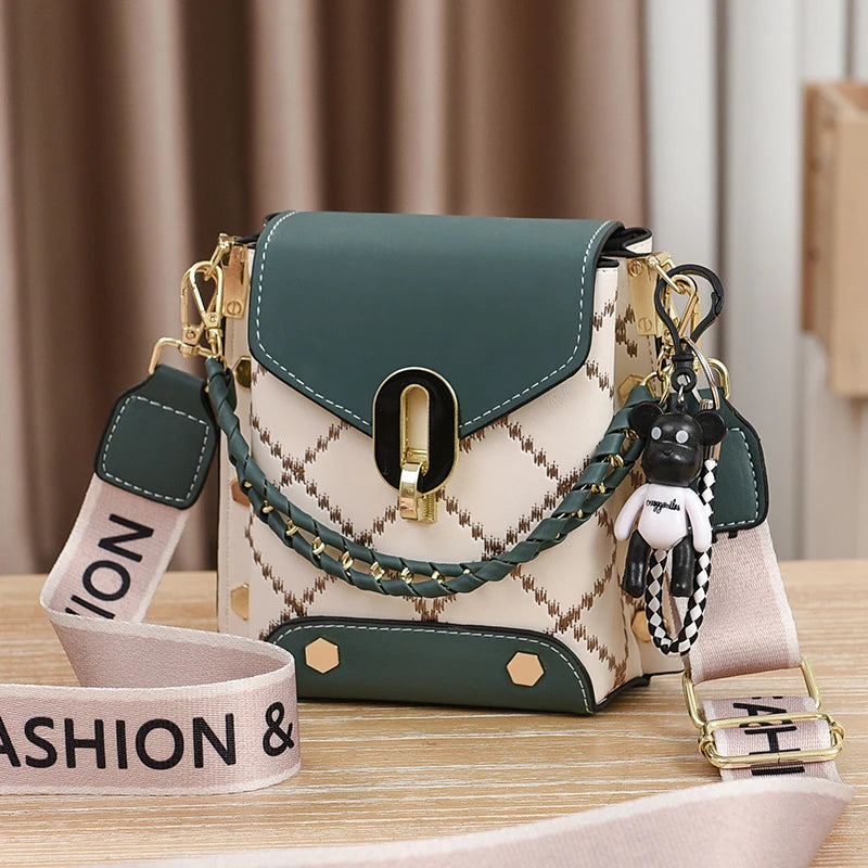 Mini Studded Crossbody Bag for Women - Argyle Embroidery Mobile Phone Purse with Trendy Chain Decor
