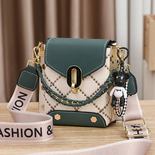 Mini Studded Crossbody Bag for Women - Argyle Embroidery Mobile Phone Purse with Trendy Chain Decor