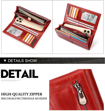 Women's Genuine Leather Clutch Wallet – RFID Blocking Phone Purse with Zipper Pocket