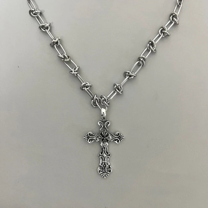 Vintage Cross Pendant Necklace – Kpop Punk Long Chain Retro Jewelry for Women, Korean Fashion Gift