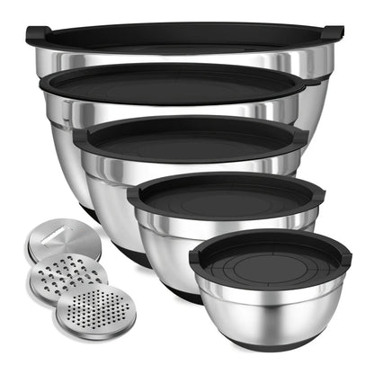 8PCS Stainless Steel Mixing Bowl Set – Airtight Lids, Non-Slip Bottoms, Black Kitchen Bowls for Baking & Serving
