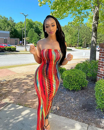 Women’s Off Shoulder Printed Maxi Dress - Slim Fit Bandage Chest Wrap Summer Party Dress