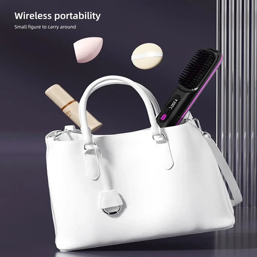 Electric LCD USB Ceramic Hair Straightening Comb – Wireless Portable Negative Ion Rechargeable Styling Brush
