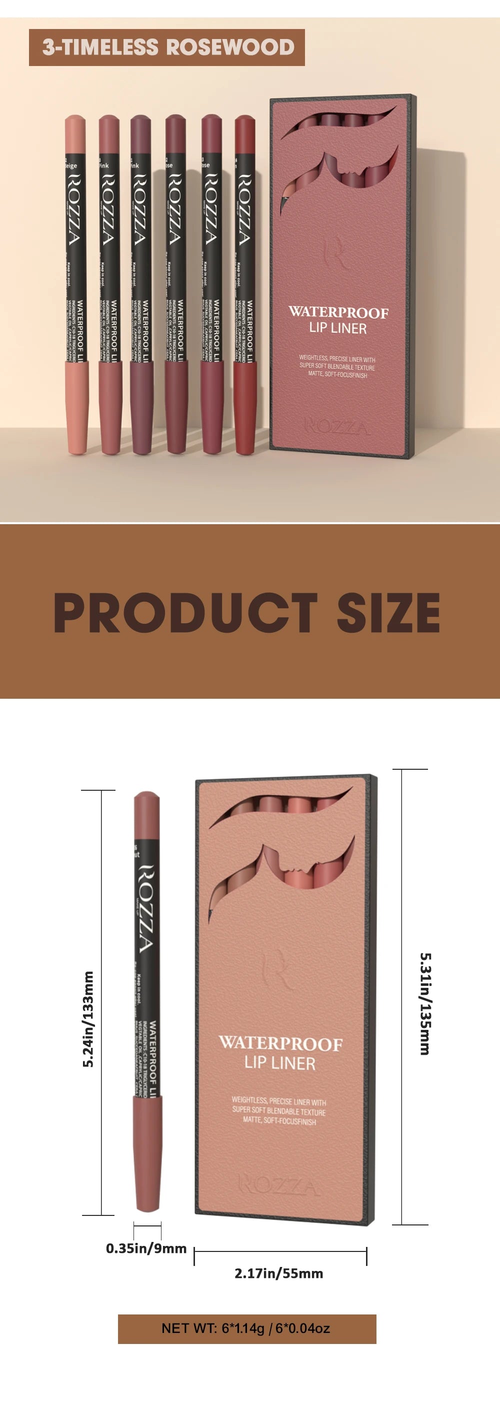 Rozza Waterproof Matte Lip Liner Pencil Set – Weightless, Precise, Super Soft & Blendable