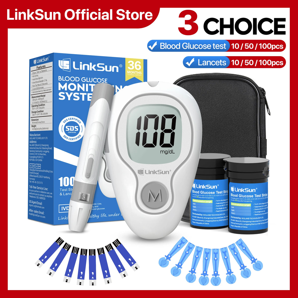 LinkSun G-425-3 Blood Glucose Meter Kit - No-Code Diabetes Tester with 10, 50 or 100 Test Strips