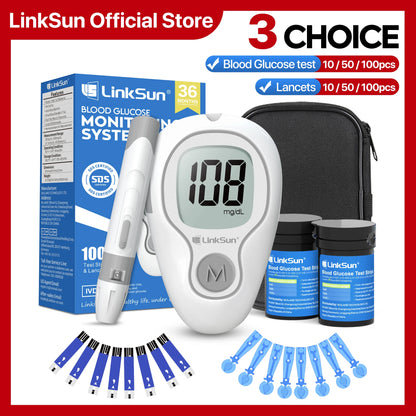 LinkSun G-425-3 Blood Glucose Meter Kit - No-Code Diabetes Tester with 10, 50 or 100 Test Strips
