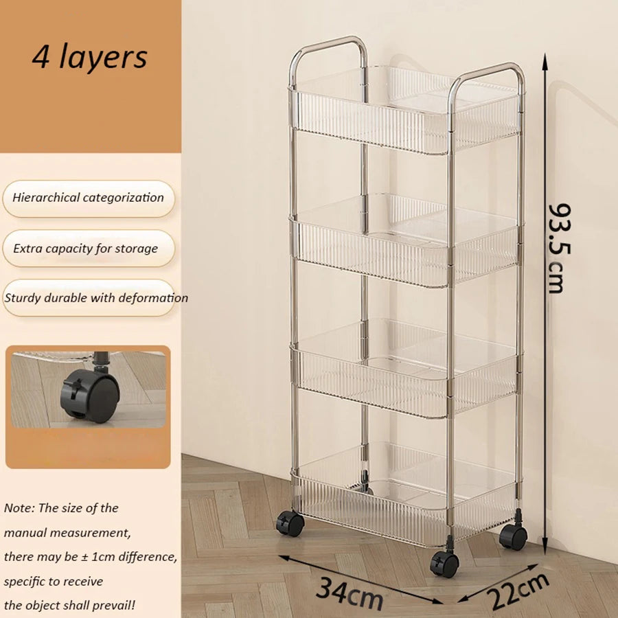 Transparent Acrylic Rolling Storage Cart - 2/3/4-Tier Trolley with Removable Hanging Baskets