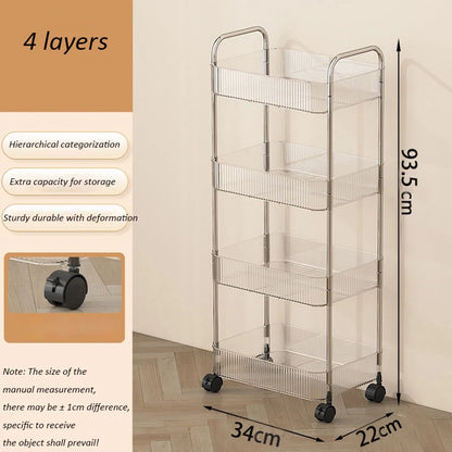 Transparent Acrylic Rolling Storage Cart - 2/3/4-Tier Trolley with Removable Hanging Baskets