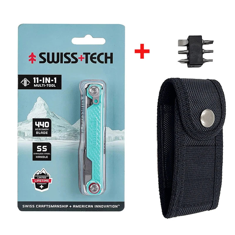 SWISS TECH 11-in-1 Mini Multitool - Folding EDC Camping Tool with Scissors, Screwdriver & Clip