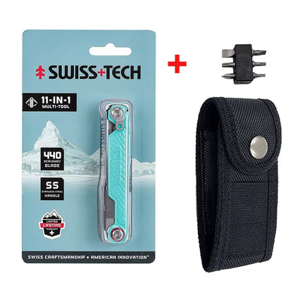 SWISS TECH 11-in-1 Mini Multitool - Folding EDC Camping Tool with Scissors, Screwdriver & Clip
