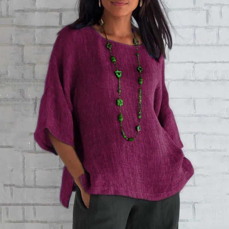 Women's Cotton Blouse Shirt - Loose 3/4 Sleeve O-Neck Casual Summer Streetwear Top