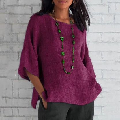 Women's Cotton Blouse Shirt - Loose 3/4 Sleeve O-Neck Casual Summer Streetwear Top