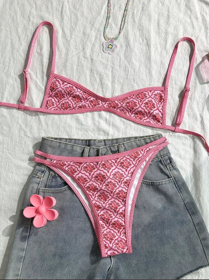 Circyy Fashion Print Bikini Set - Women's Halter Backless Split Swimsuit Summer Beachwear