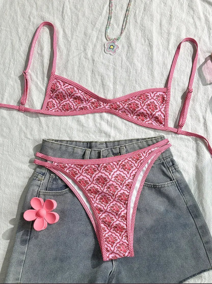 Circyy Fashion Print Bikini Set - Women's Halter Backless Split Swimsuit Summer Beachwear