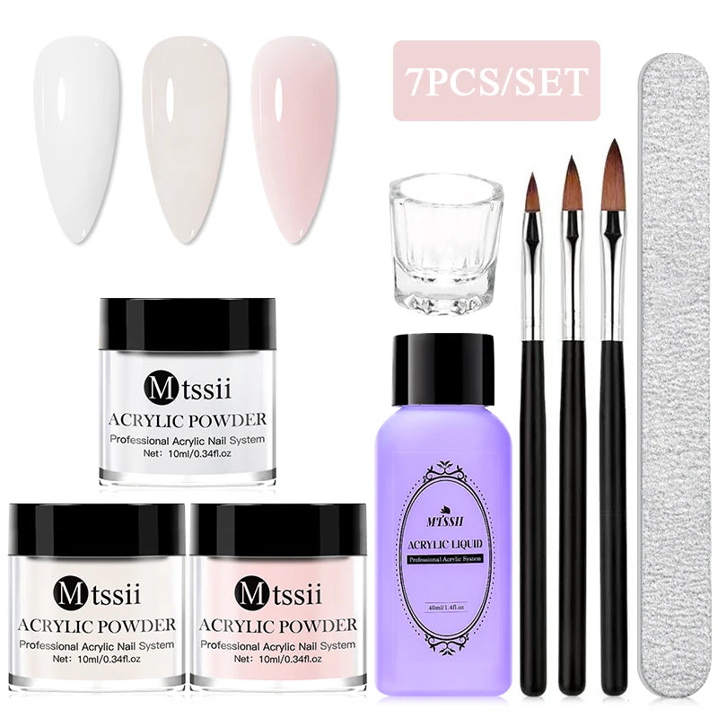 Nail Crystal Powder Kit – Acrylic Liquid Set with Pink & White Powder, Nail Brush for Extension & Carving, Beginner Set
