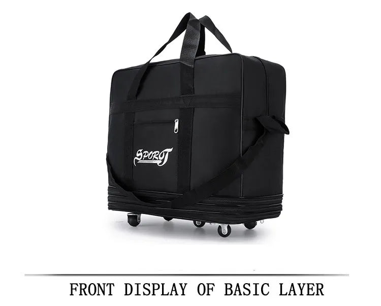 Foldable Trolley Travel Bag with Wheels – Expandable Black Luggage for Men & Women, Ideal for Weekend Trips & Overnight Travel