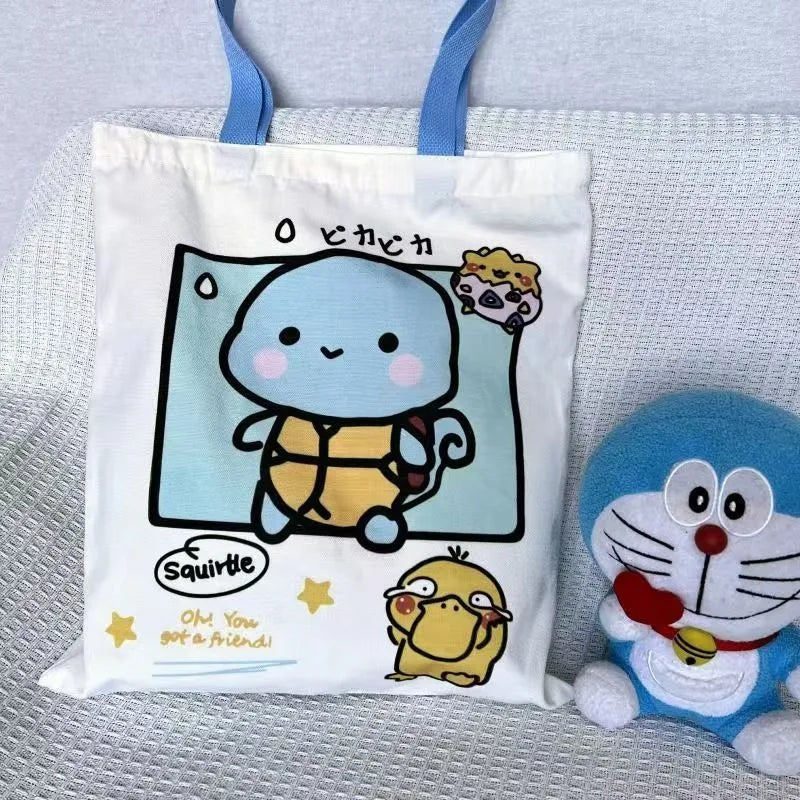 Pokemon Canvas Shoulder Bag - Pikachu Psyduck Squirtle Large Capacity Reusable Casual Handbag for Women Shopping