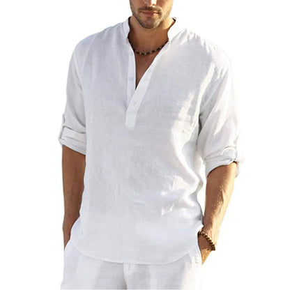 Men’s Cotton Linen Long Sleeve Casual Shirt Loose Fit Breathable Spring Autumn Buttonless Blouse Style Top Fashion Tee S-3XL