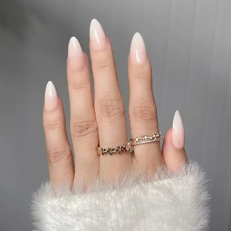 24Pcs French Press On Nails - Almond Fake Nail Tips with Glue, White Edge Design & Pink Stiletto Style Manicure Set