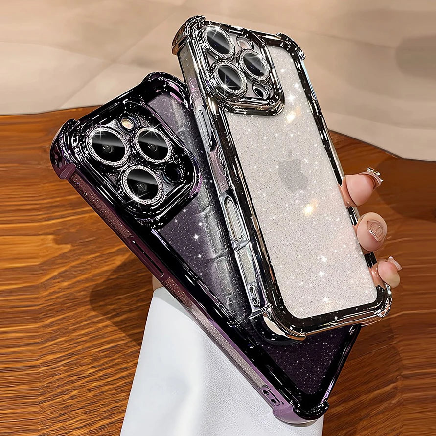 Luxury Glitter Bling Transparent Silicone iPhone Case for 16/16 Plus/15/14/13/12/11 Pro Max – Plated Airbag Shockproof TPU Cover