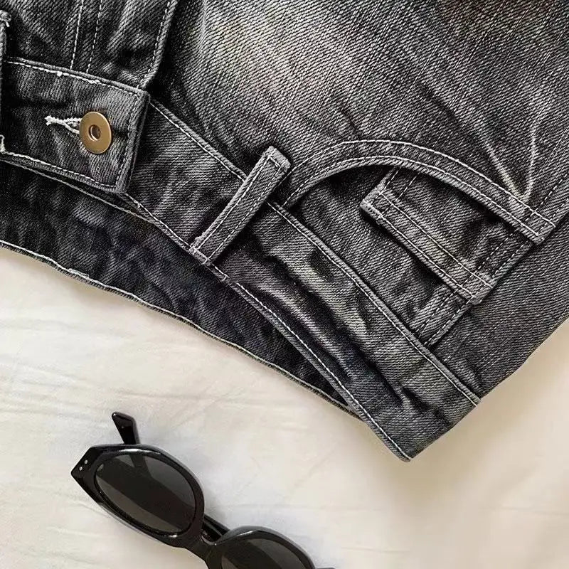 Vintage Women’s Denim Shorts – Low Waist Elastic Skinny Black & Grey Washed Summer Hot Jeans