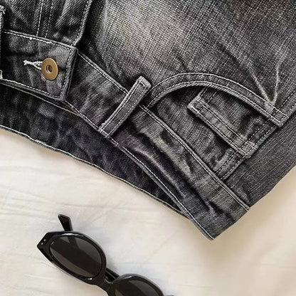 Vintage Women’s Denim Shorts – Low Waist Elastic Skinny Black & Grey Washed Summer Hot Jeans