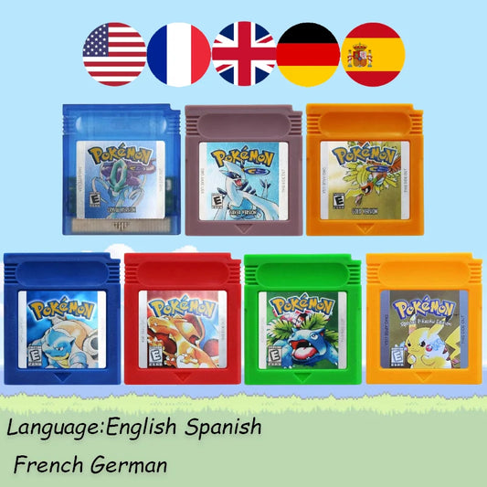 GBC Pokémon Game Cartridge Bundle – Red, Blue, Crystal, Gold, Silver, Yellow & Green, Multi-Language